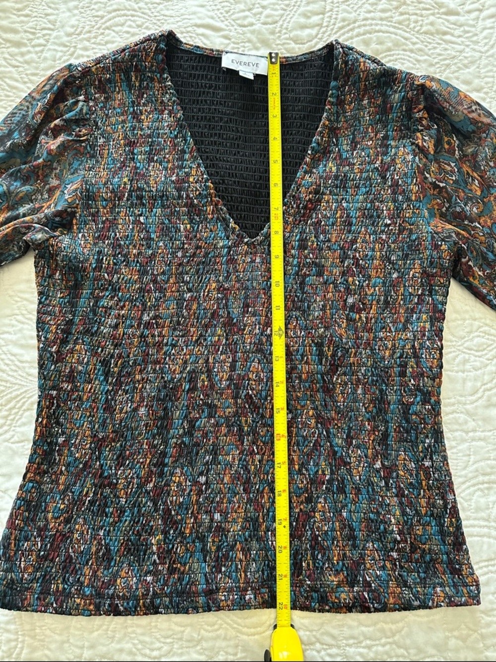 Evereve Long-Sleeve V-Neck Smocked Top in Teal, Gold and Maroon Paisley - Picture 7 of 7